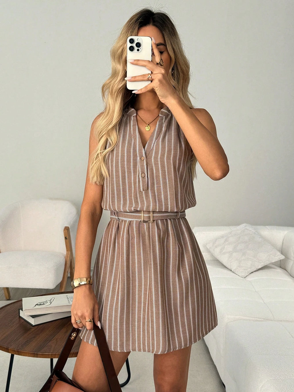 LUNE Women's Casual Brown And White Polka Dot V-Neck Summer Vacation Commute Daily Basic Fashion Outing - image 6