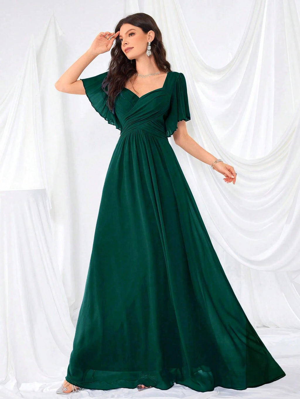 Flounce Sleeve Back Sweetheart Neck Solid Color Tulle Dress, Bridesmaid Dress Wedding - image 3