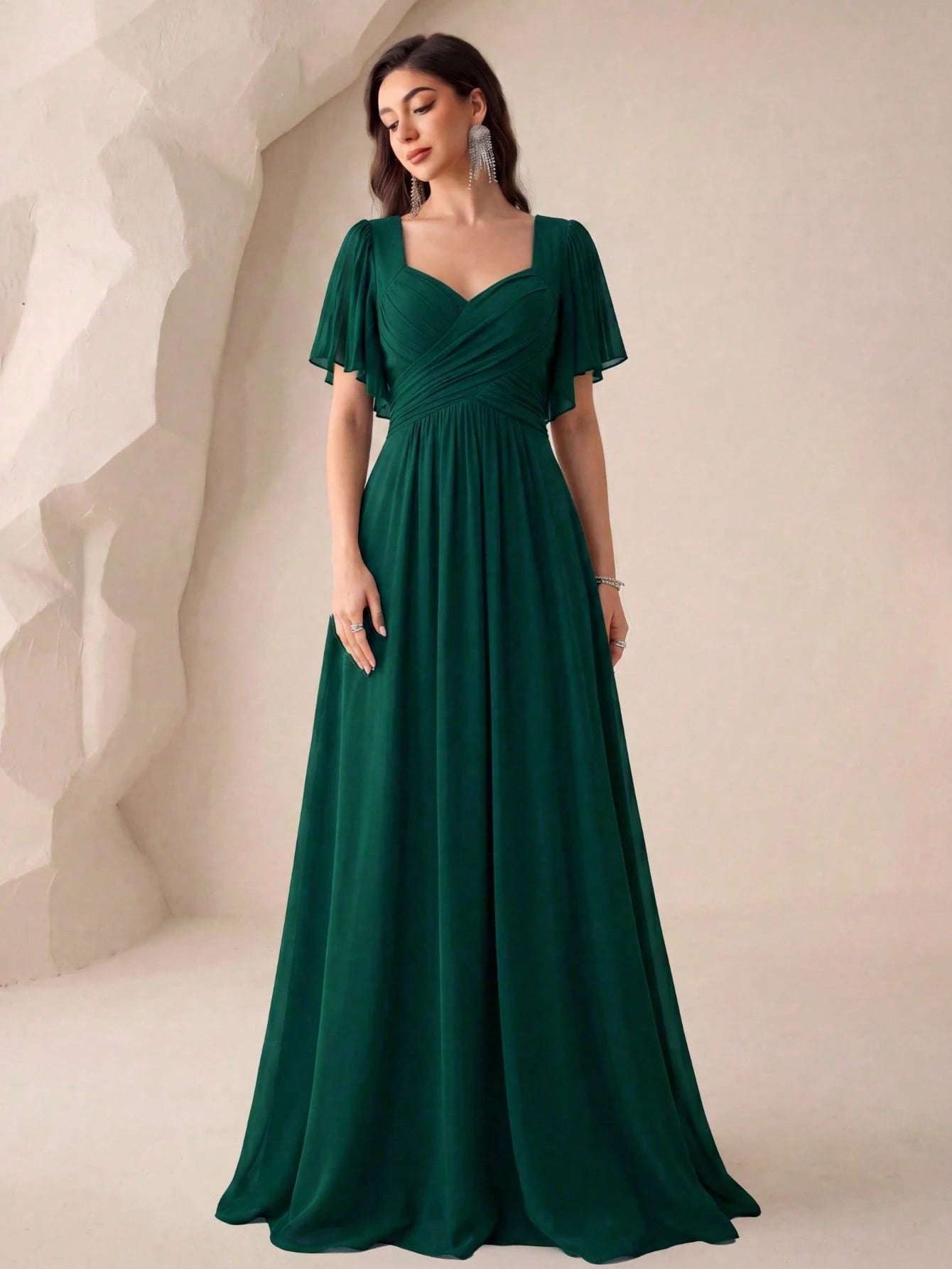 Flounce Sleeve Back Sweetheart Neck Solid Color Tulle Dress, Bridesmaid Dress Wedding