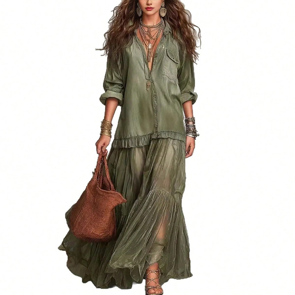 2026 Hot Vintage Collar Faux Denim Maxi Dress With Pockets Casual Women Dress - image 6