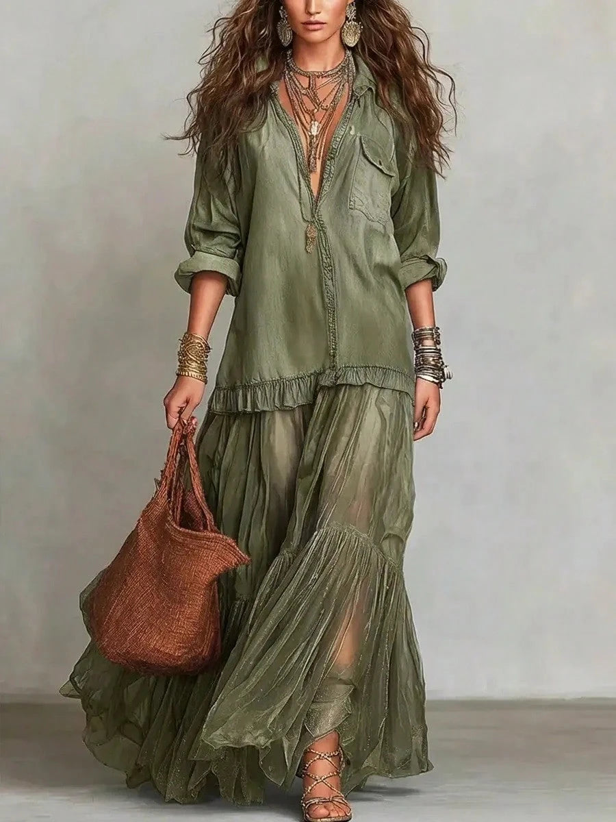 2026 Hot Vintage Collar Faux Denim Maxi Dress With Pockets Casual
