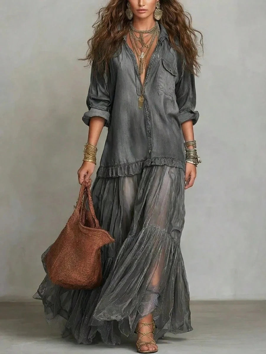 2026 Hot Vintage Collar Faux Denim Maxi Dress With Pockets Casual