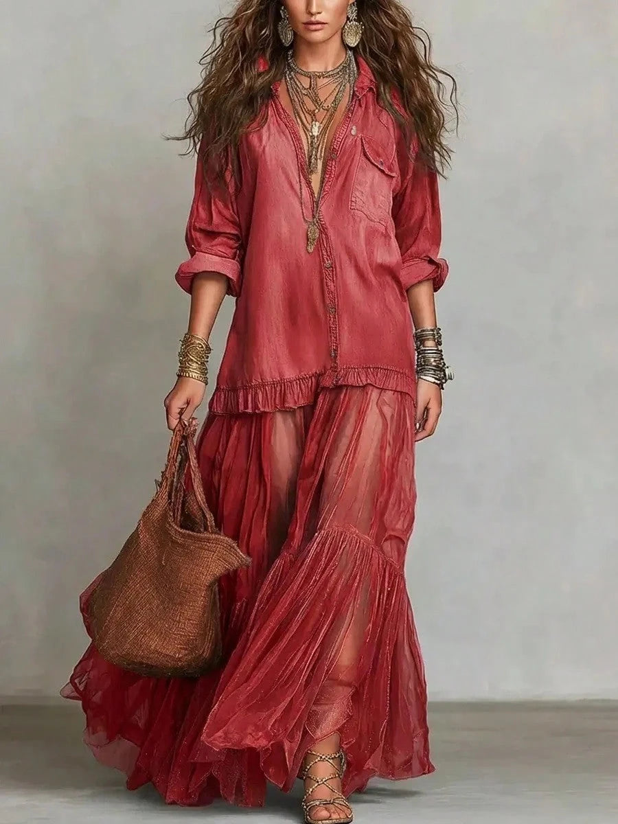 2026 Hot Vintage Collar Faux Denim Maxi Dress With Pockets Casual