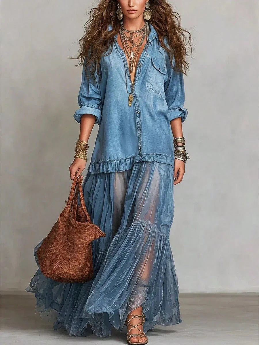 2026 Hot Vintage Collar Faux Denim Maxi Dress With Pockets Casual