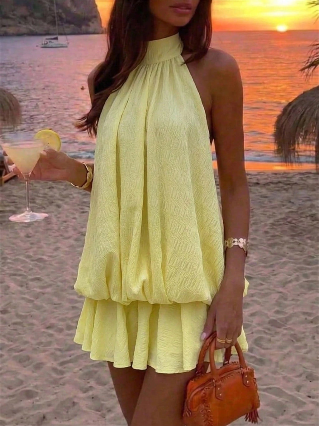 Aloruh Women's Elegant Pale Yellow Halter Tie Mini Dress, Suitable