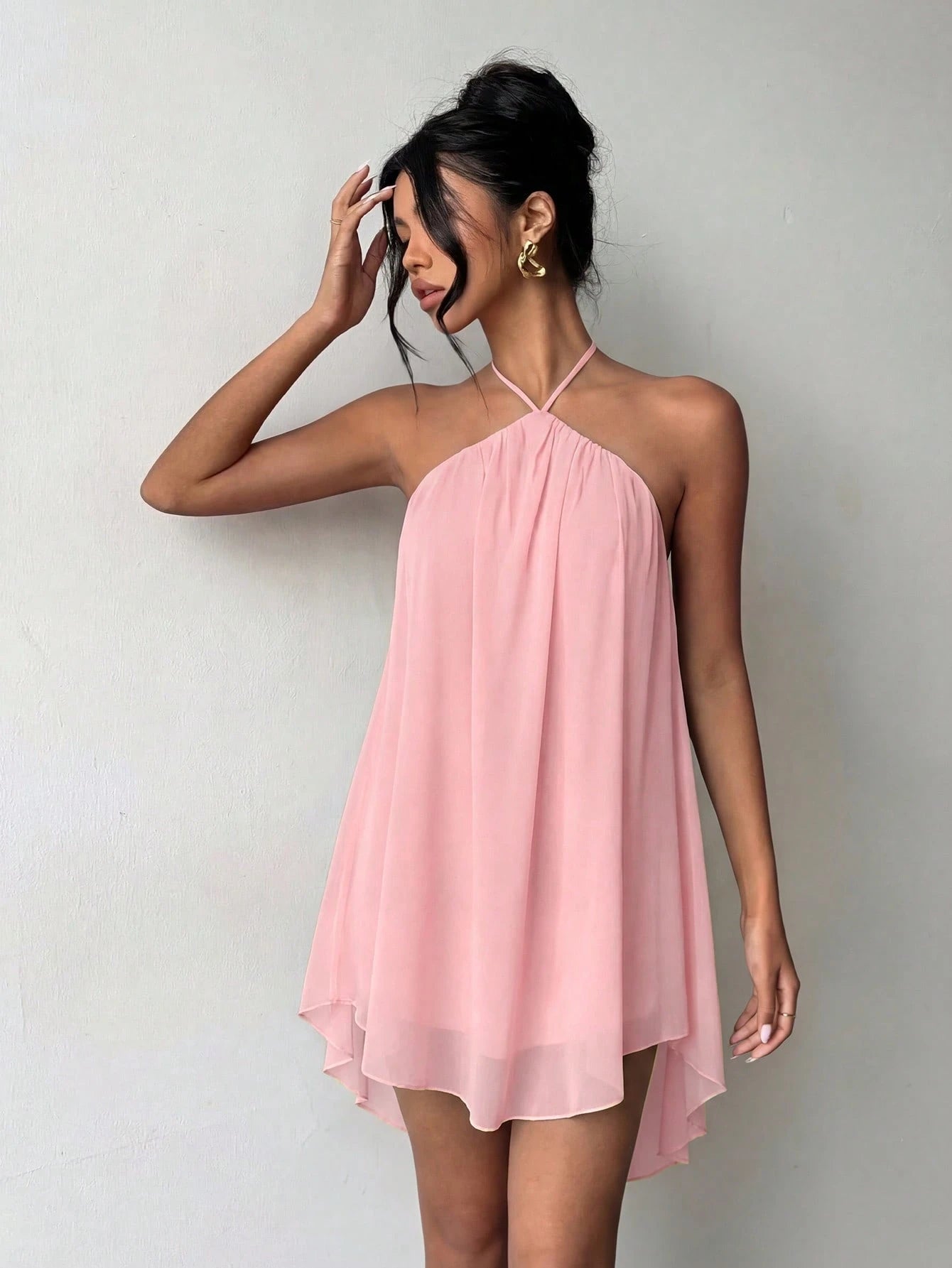 Pink Casual Sexy Chic Halter Backless Chiffon Dress With Asymmetrical Hem Party Elegant - image 11