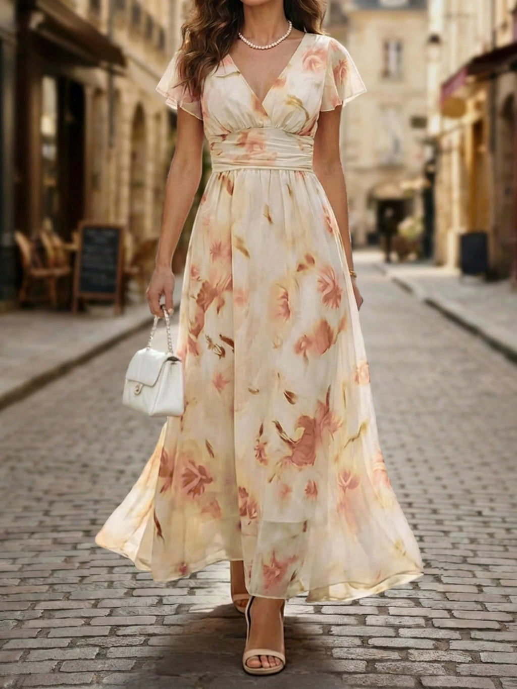Balvessa V-Neck Elegant Ruffle Hem Floral Print Waist Cinched A-Line