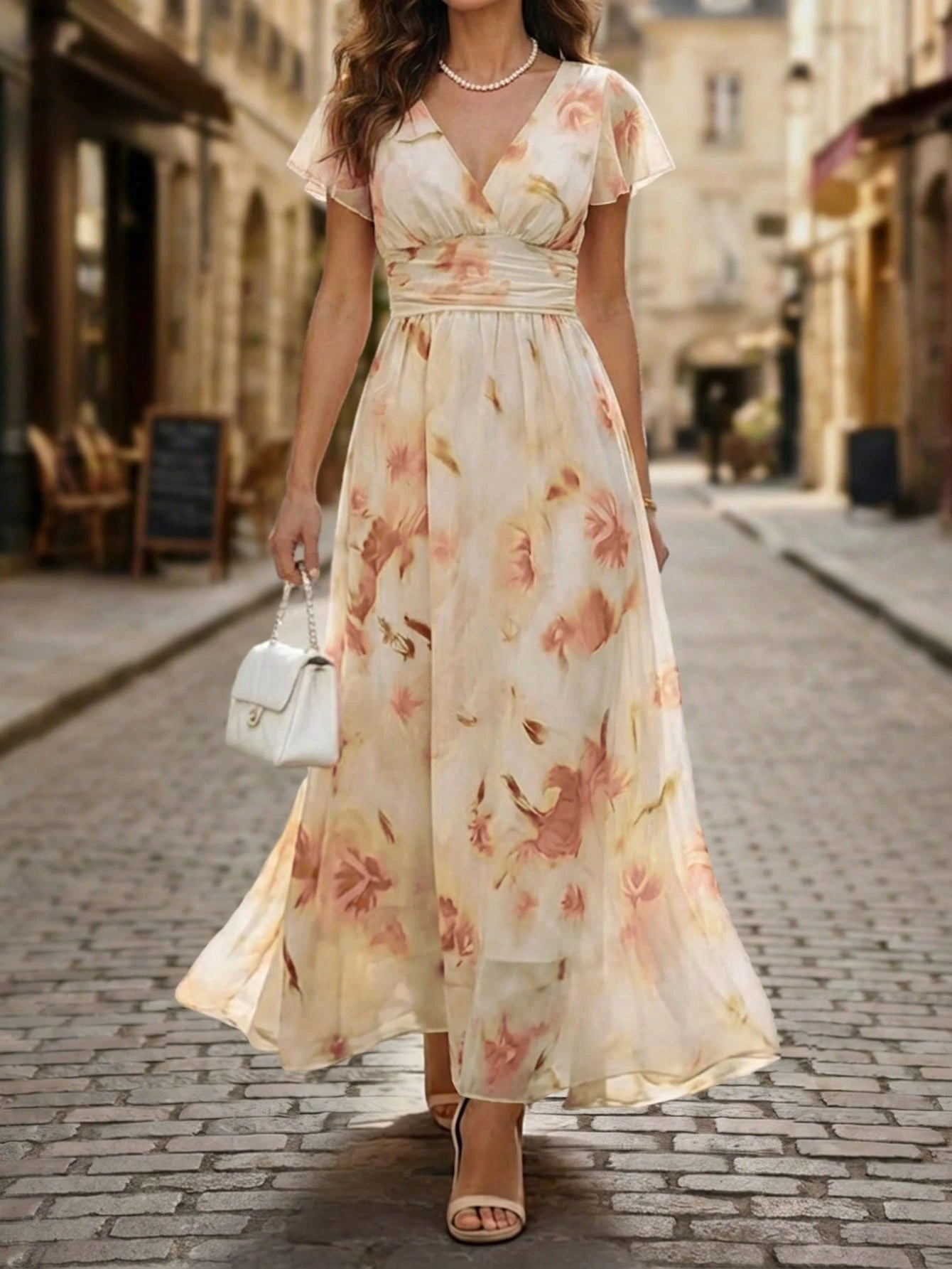 Balvessa V-Neck Elegant Ruffle Hem Floral Print Waist Cinched A-Line Midi Dress, Romantic & Fashionable For - image 3