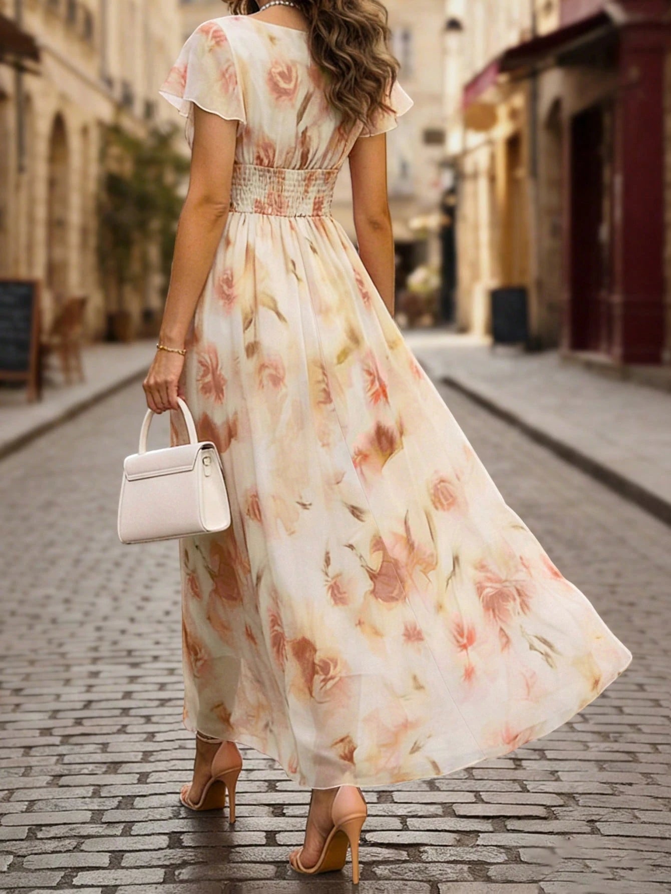 Balvessa V-Neck Elegant Ruffle Hem Floral Print Waist Cinched A-Line Midi Dress, Romantic & Fashionable For - image 2