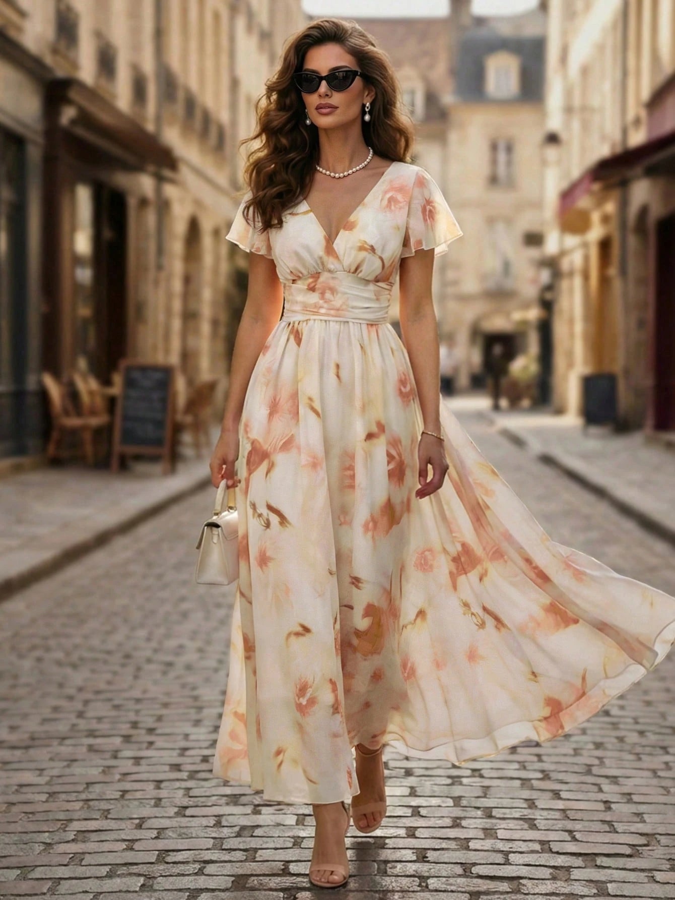 Balvessa V-Neck Elegant Ruffle Hem Floral Print Waist Cinched A-Line