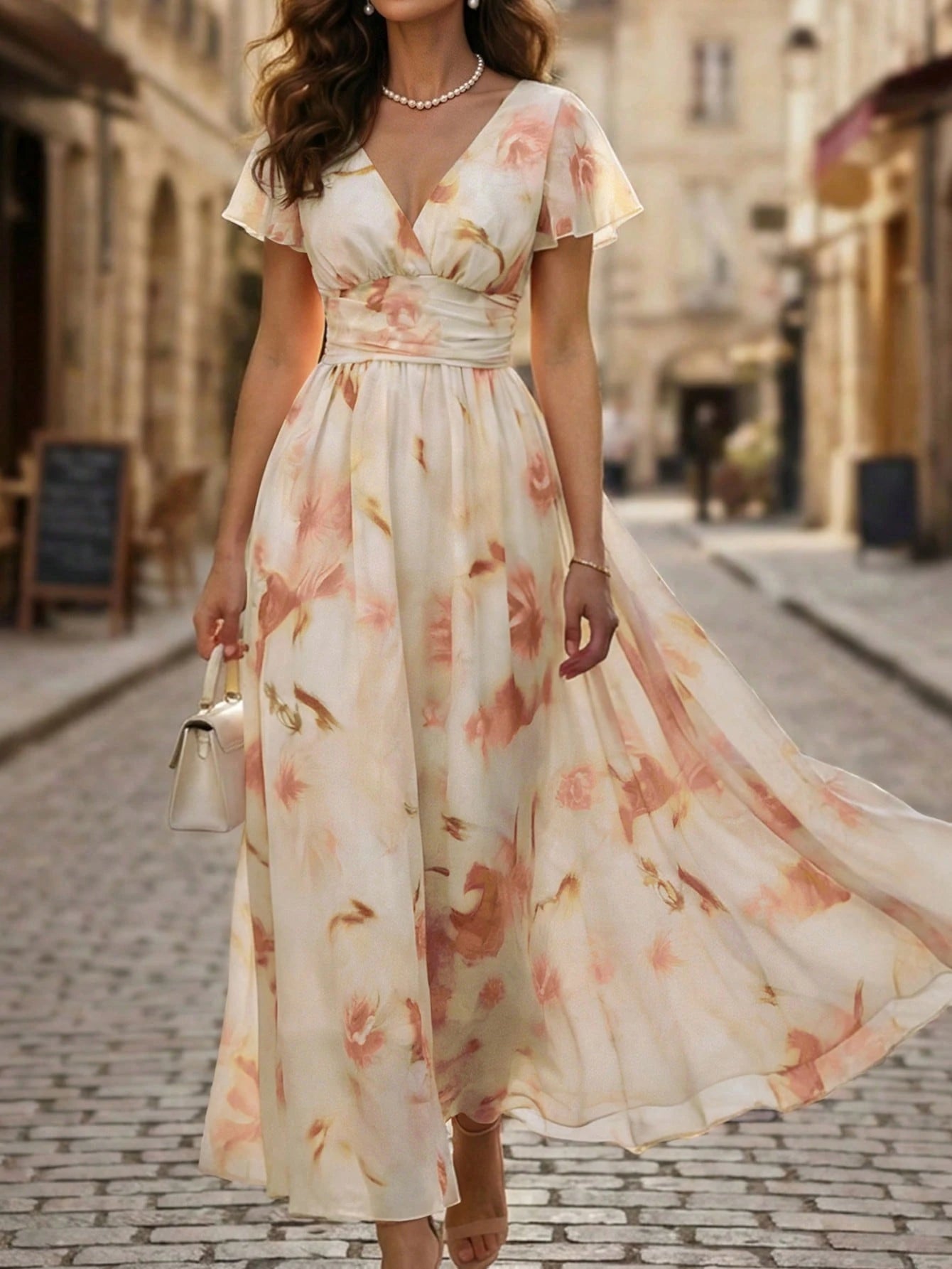 Balvessa V-Neck Elegant Ruffle Hem Floral Print Waist Cinched A-Line Midi Dress, Romantic & Fashionable For - image 5