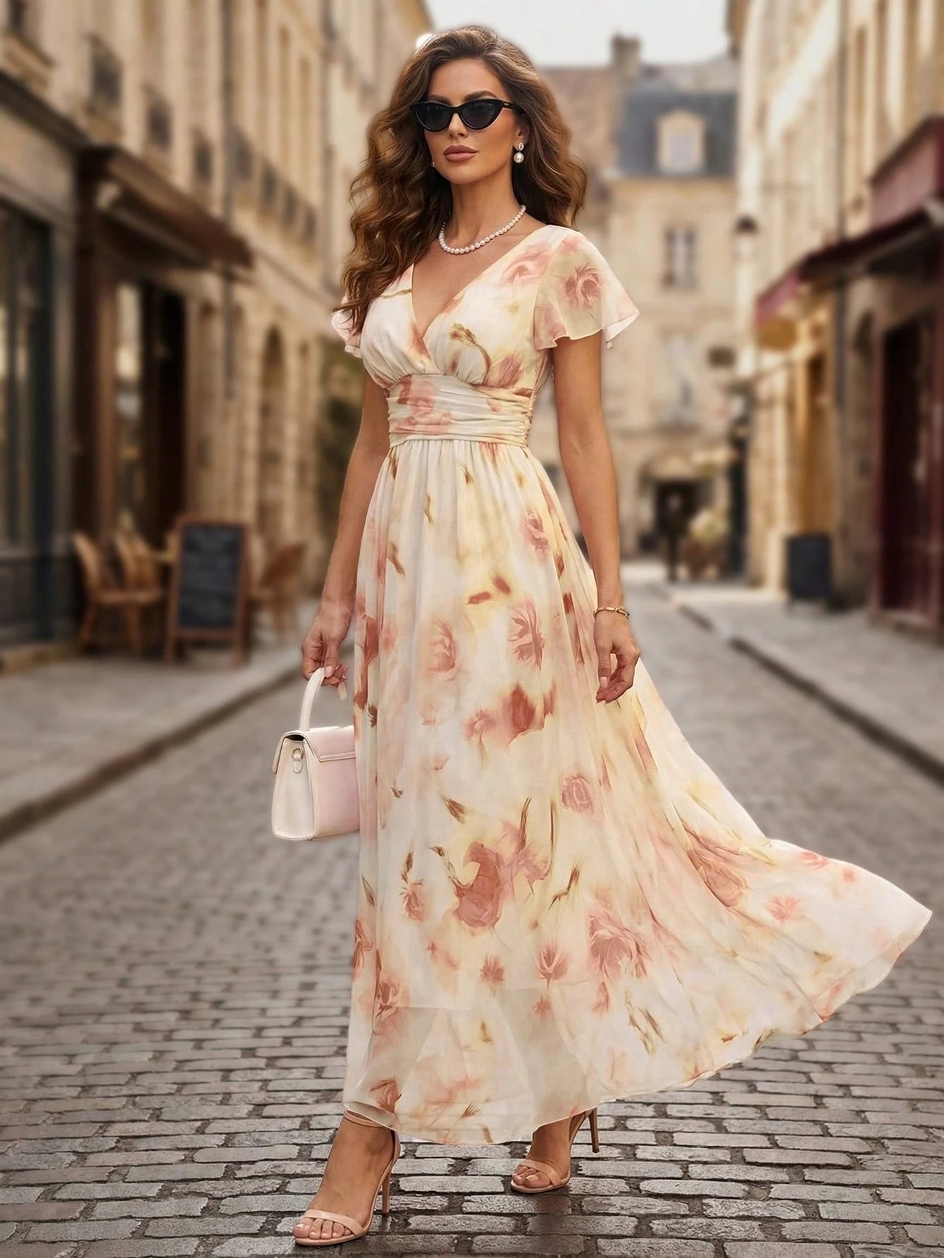 Balvessa V-Neck Elegant Ruffle Hem Floral Print Waist Cinched A-Line