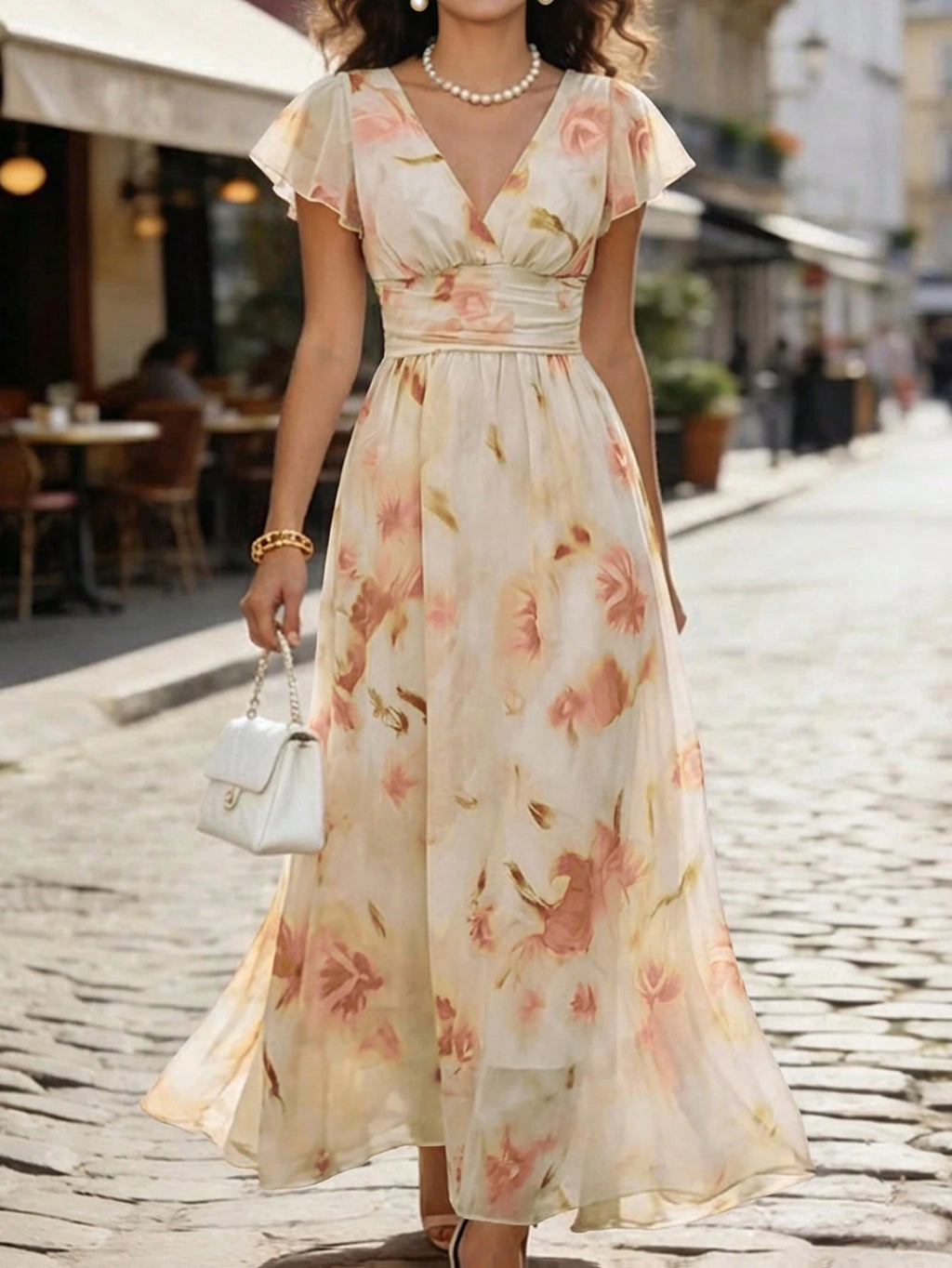Balvessa V-Neck Elegant Ruffle Hem Floral Print Waist Cinched A-Line