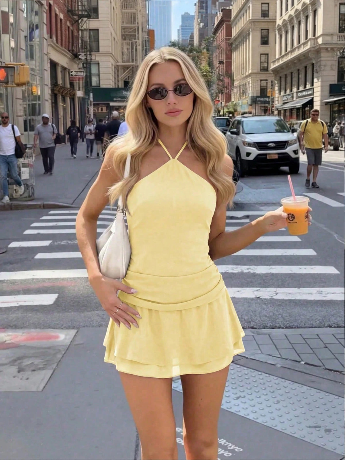 Women's Solid Color Woven Double-Layer Mini Dress With Built-In Safety Shorts, Waist Ruching, Sexy Elegant - image 13
