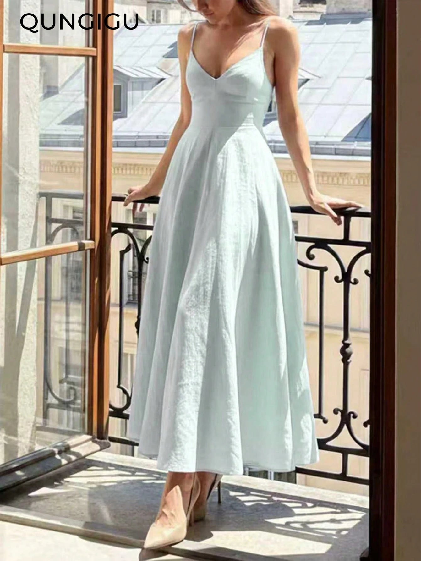 QUNGIGU Women's Elegant Spaghetti Strap Midi Dress V-Neck Linen