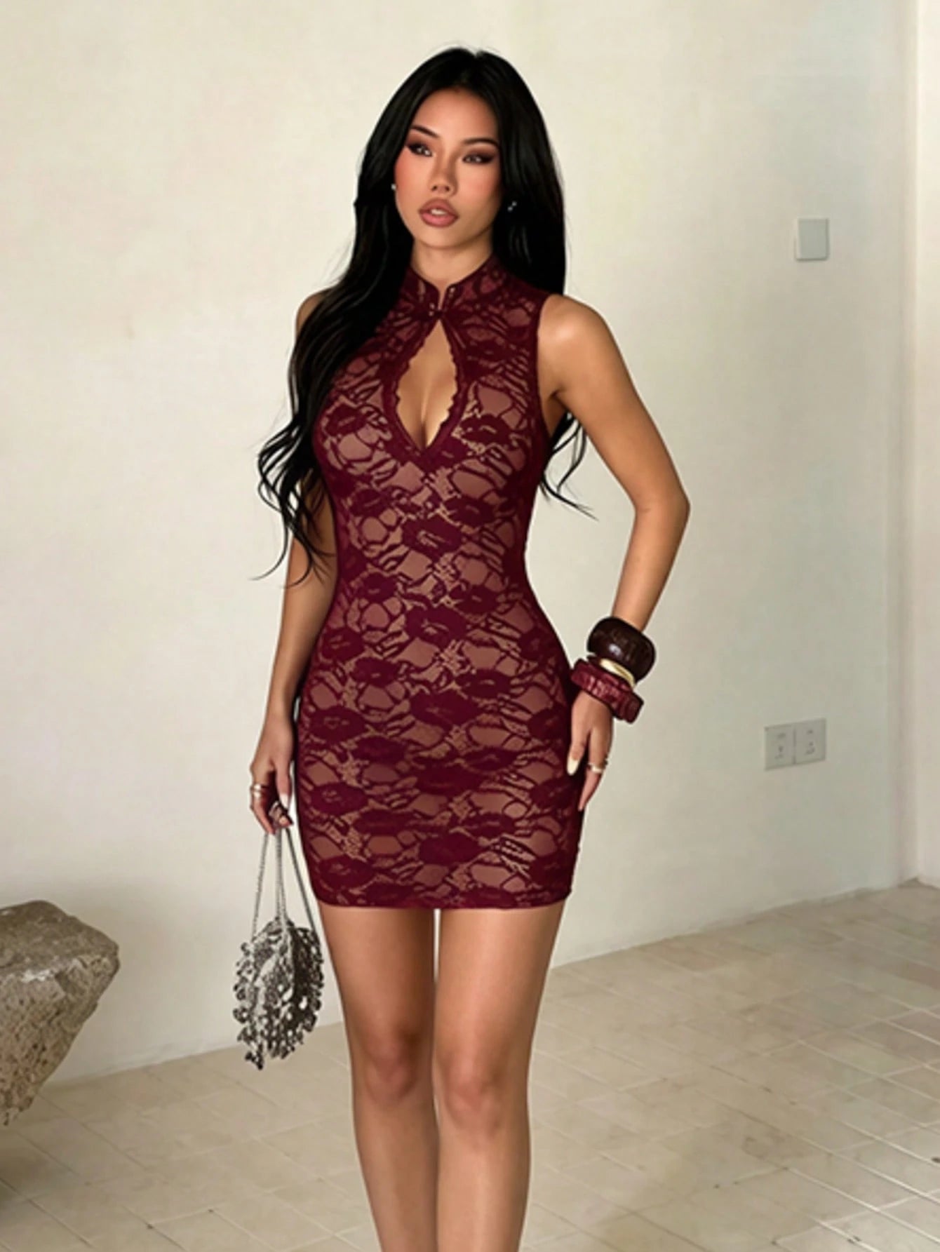 Knitted Fabric Sleeveless Lace Detail Fitted Mini Dress, Fashionable