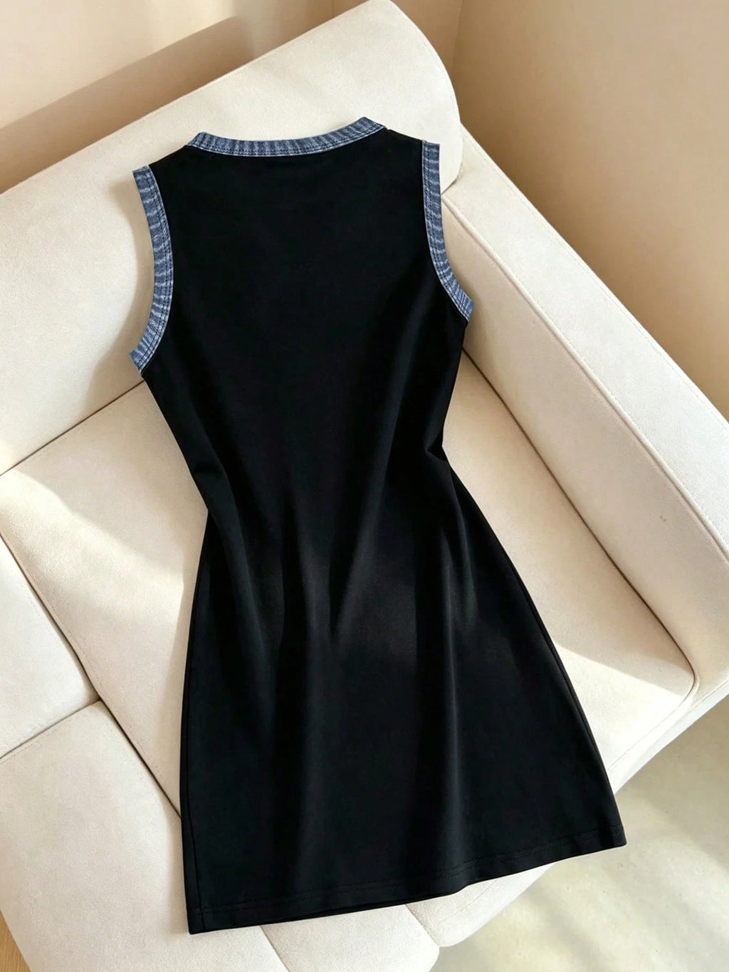 GlowEve Women's Patchwork Denim Effect Print Round Neck Casual Sleeveless Short Dress Everyday Black Autumn - image 2
