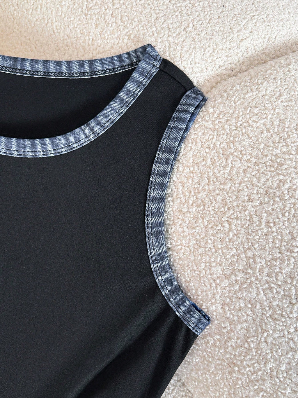 GlowEve Women's Patchwork Denim Effect Print Round Neck Casual Sleeveless Short Dress Everyday Black Autumn - image 5