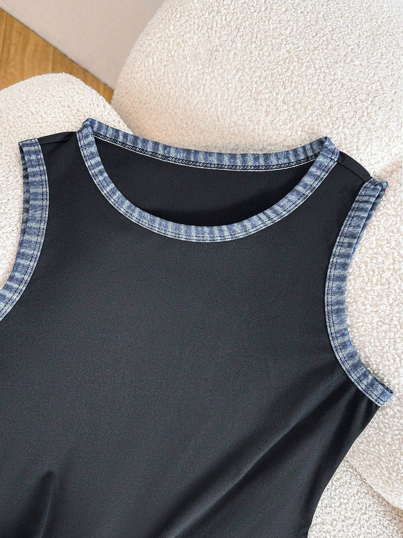GlowEve Women's Patchwork Denim Effect Print Round Neck Casual Sleeveless Short Dress Everyday Black Autumn - image 6