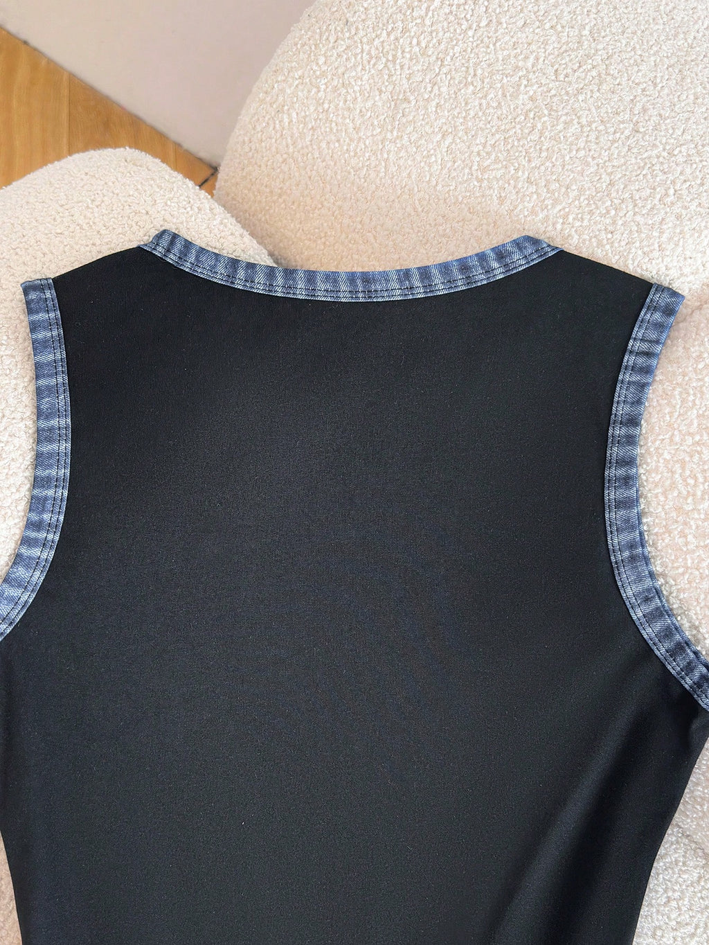 GlowEve Women's Patchwork Denim Effect Print Round Neck Casual Sleeveless Short Dress Everyday Black Autumn - image 7