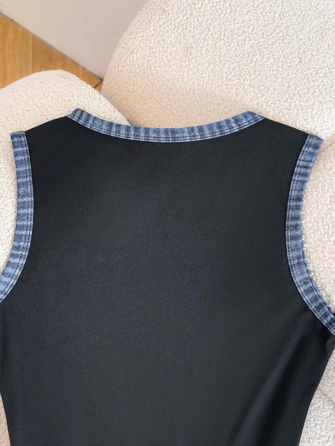GlowEve Women's Patchwork Denim Effect Print Round Neck Casual Sleeveless Short Dress Everyday Black Autumn - image 7