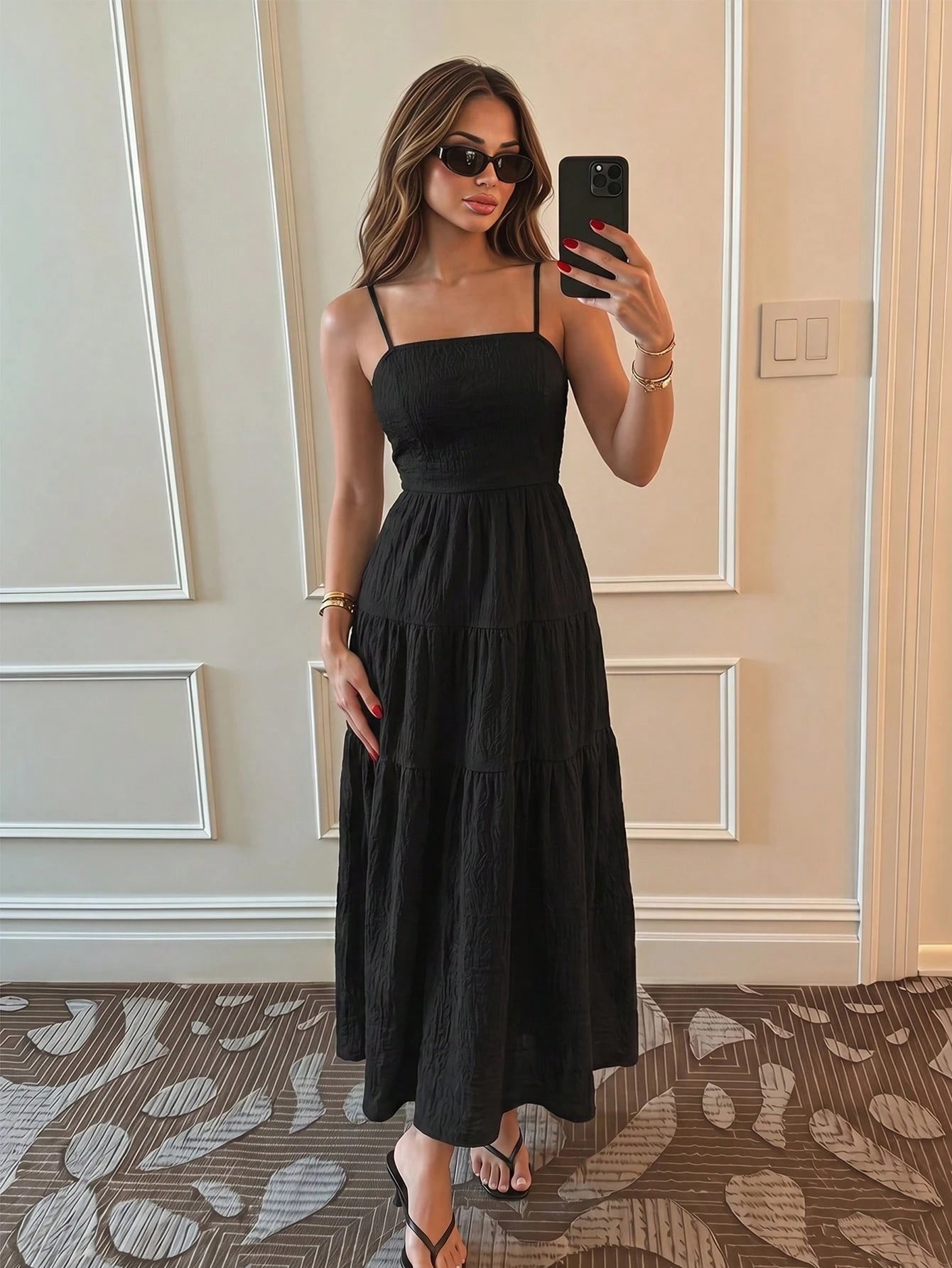 Sunnyshic Light Apricot Textured Fabric Pleated Tube Top Wide Loose Waist Dress With Spaghetti Straps, - image 17