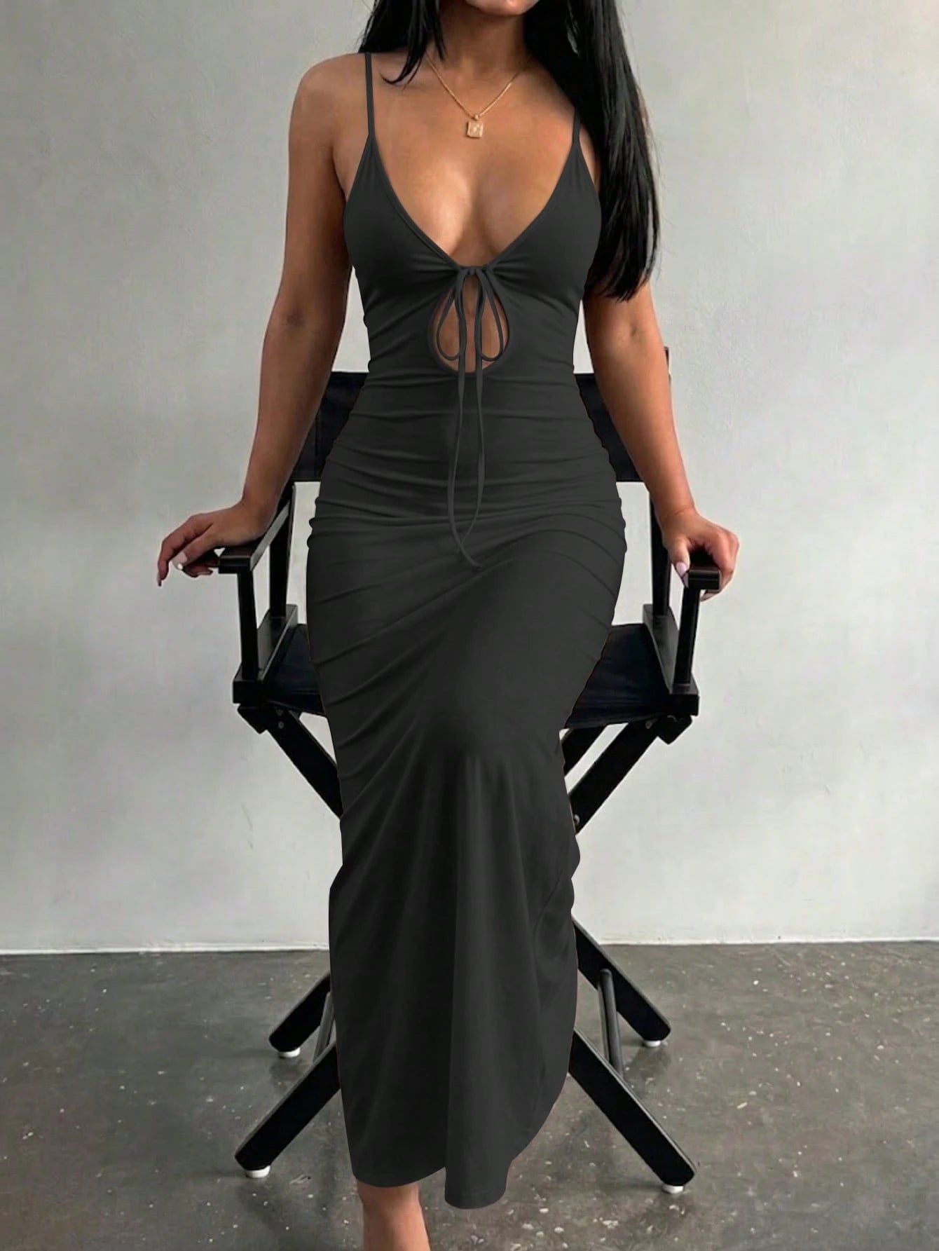 LovelyWholesale Women's Sexy Deep V-Neck Hollow Lace-Up Fitted Long Dress, Summer Elegant Brown - image 11