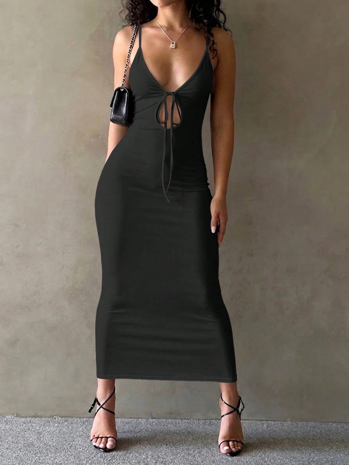 LovelyWholesale Women's Sexy Deep V-Neck Hollow Lace-Up Fitted Long Dress, Summer Elegant Brown - image 13