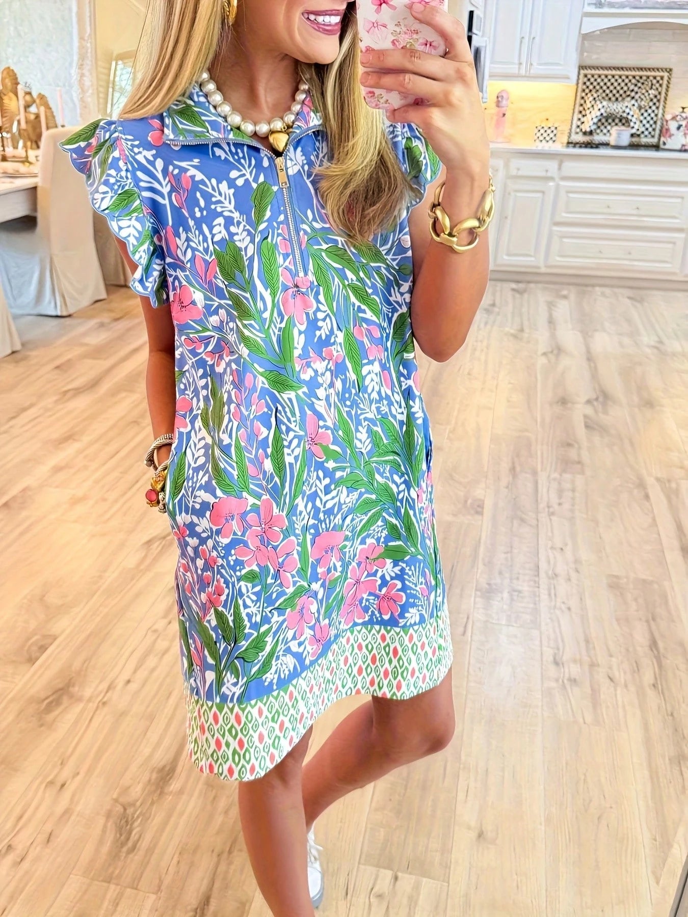 Blue Multi Floral Print Half Zip Dress