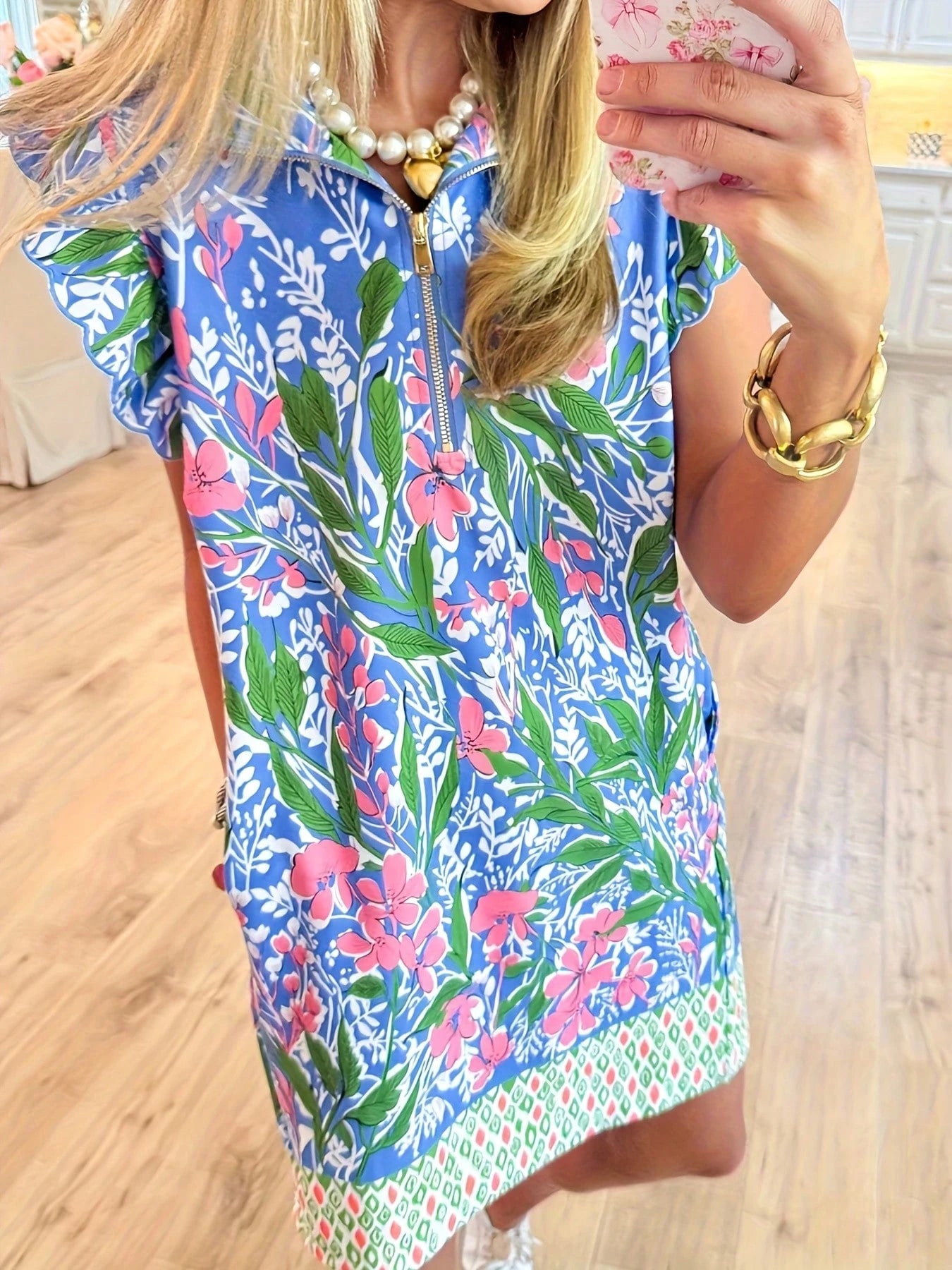 Blue Multi Floral Print Half Zip Dress