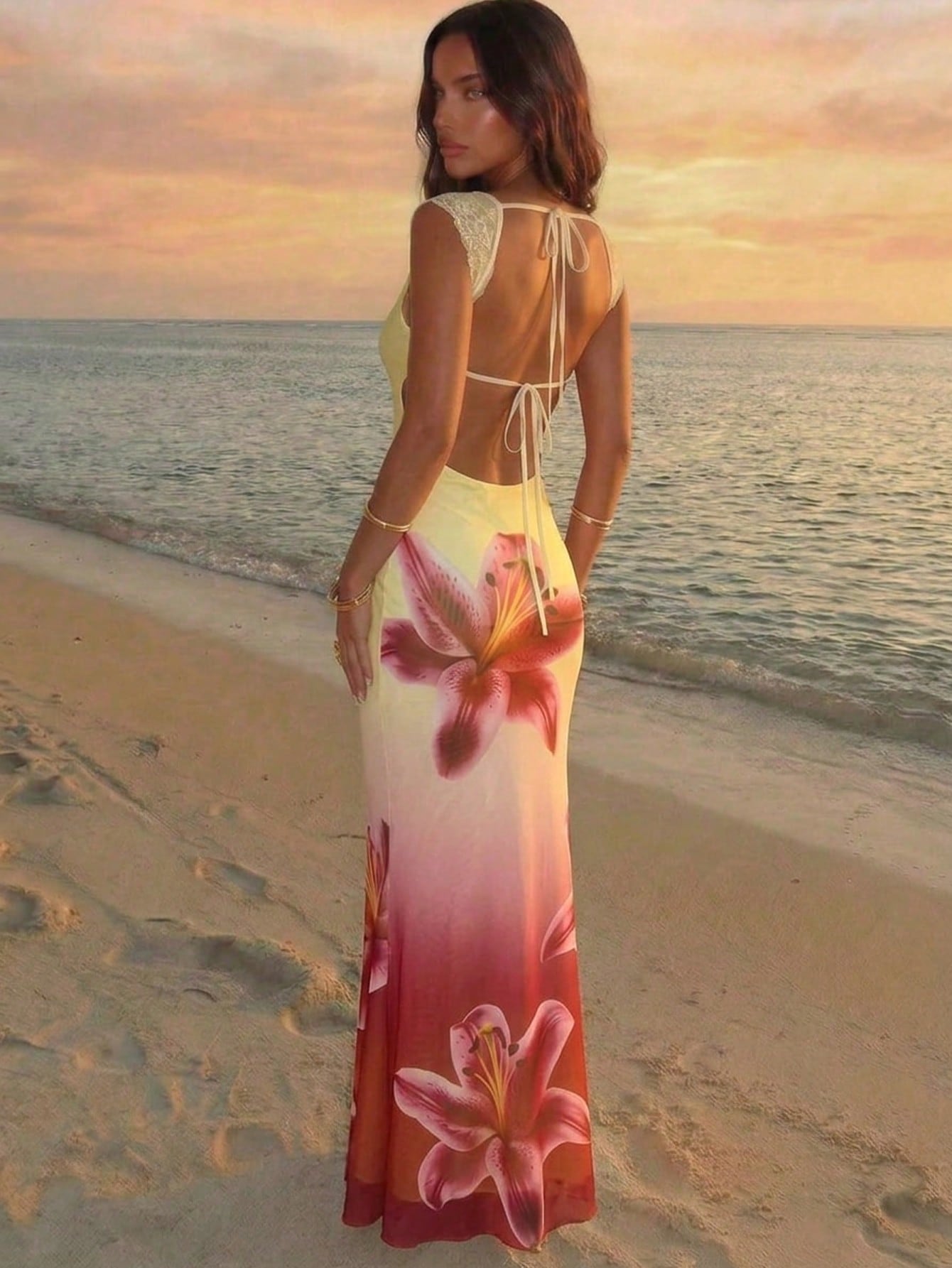Aloruh Cream Yellow Gradient Floral Mesh Bodycon Backless Summer