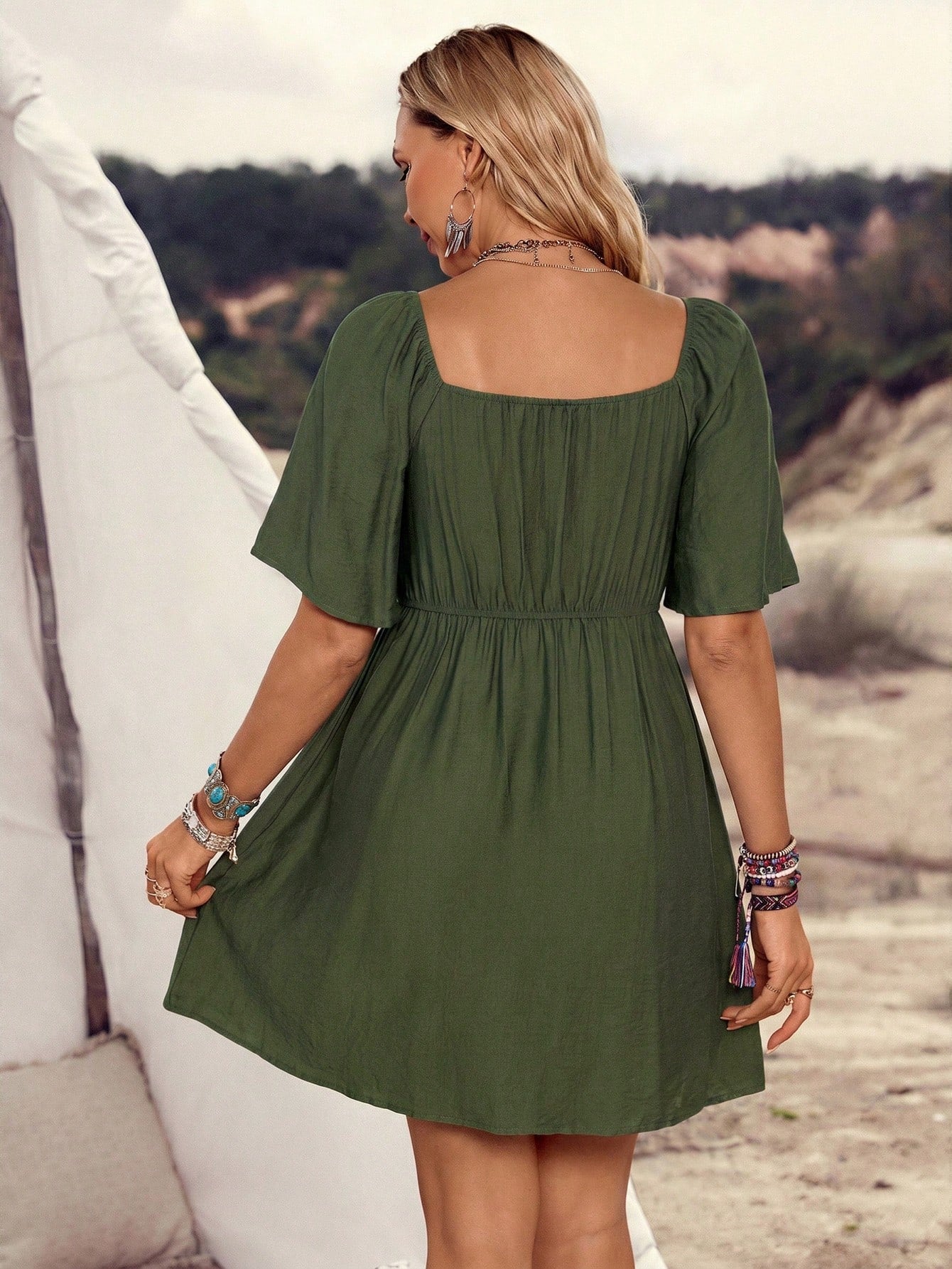 LanaWest Women's Vintage Boho Army Green V-Neck Hollow Crochet