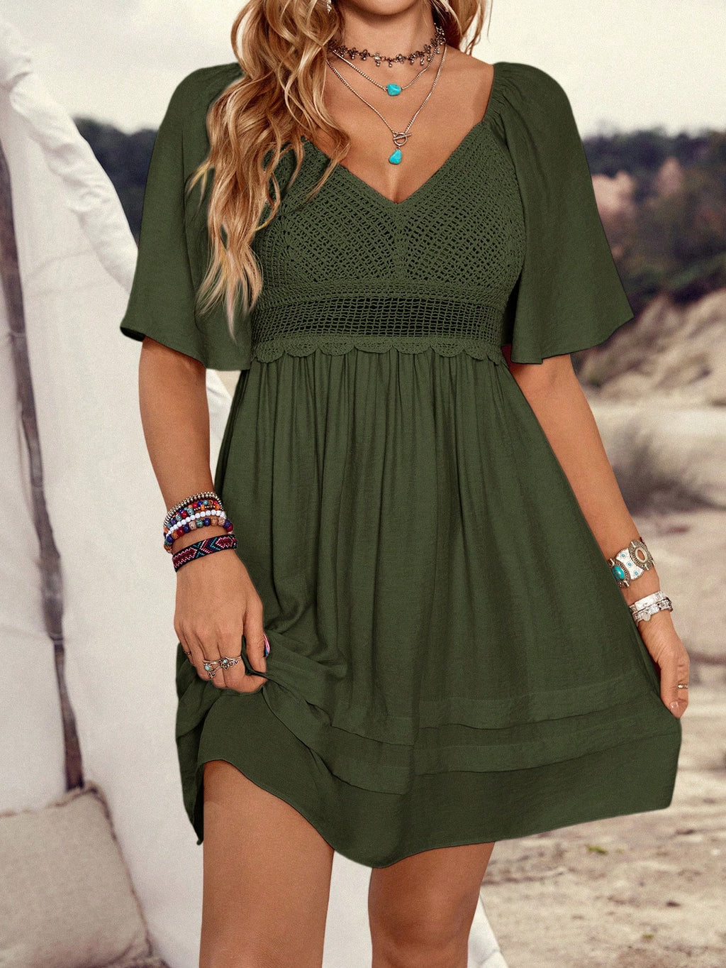LanaWest Women's Vintage Boho Army Green V-Neck Hollow Crochet