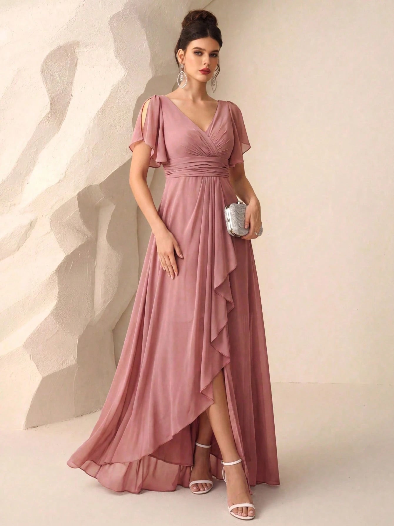 UNITHORSE Butterfly Sleeve Ruched Bust Ruffle Trim Wrap Hem Chiffon Bridesmaid Dress Elegant Dress Wedding