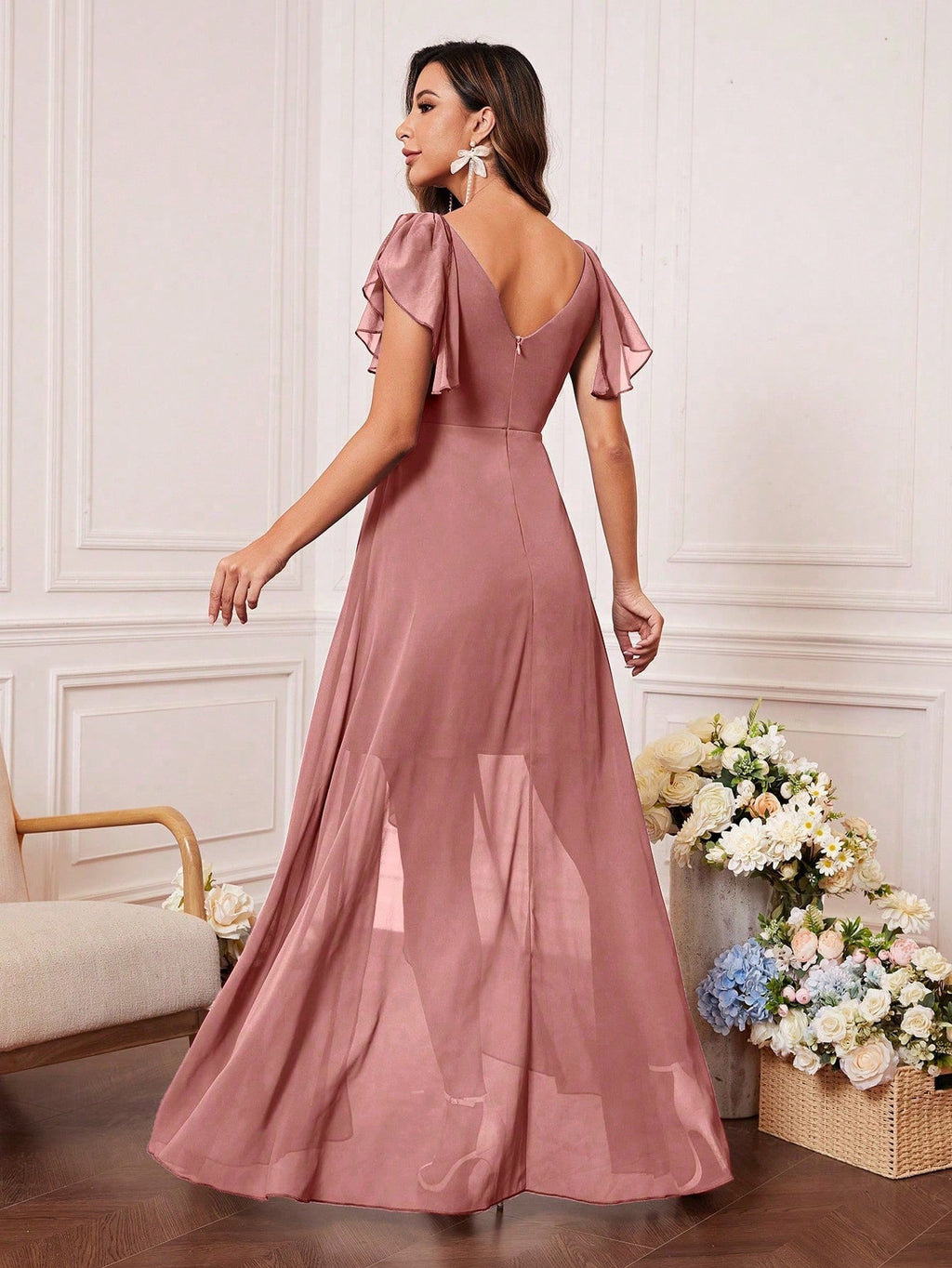 UNITHORSE Butterfly Sleeve Ruched Bust Ruffle Trim Wrap Hem Chiffon Bridesmaid Dress Elegant Dress Wedding - image 6