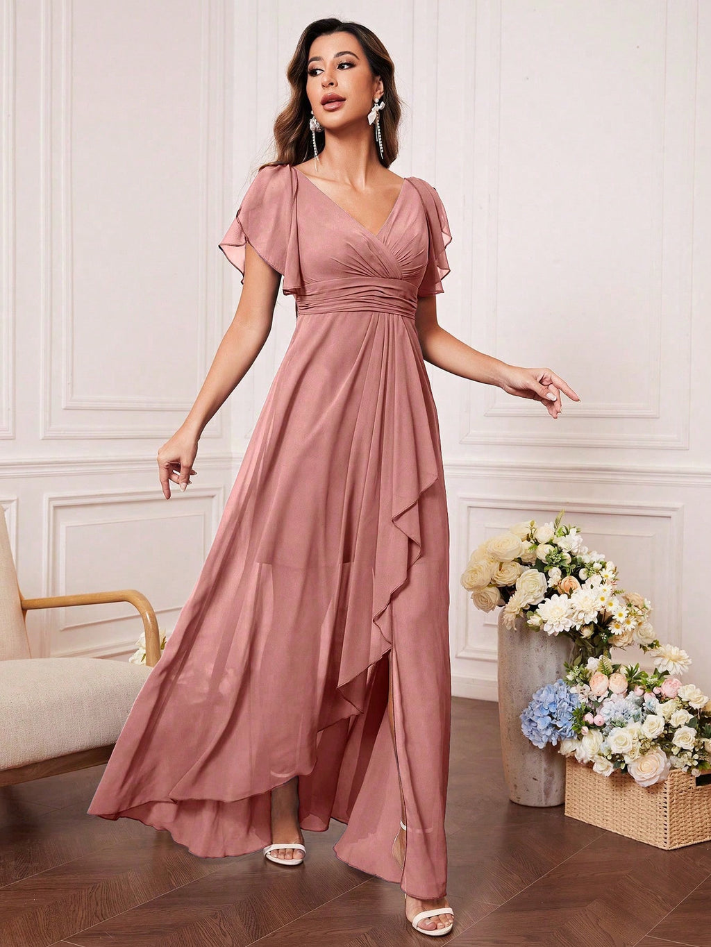 UNITHORSE Butterfly Sleeve Ruched Bust Ruffle Trim Wrap Hem Chiffon Bridesmaid Dress Elegant Dress Wedding - image 2
