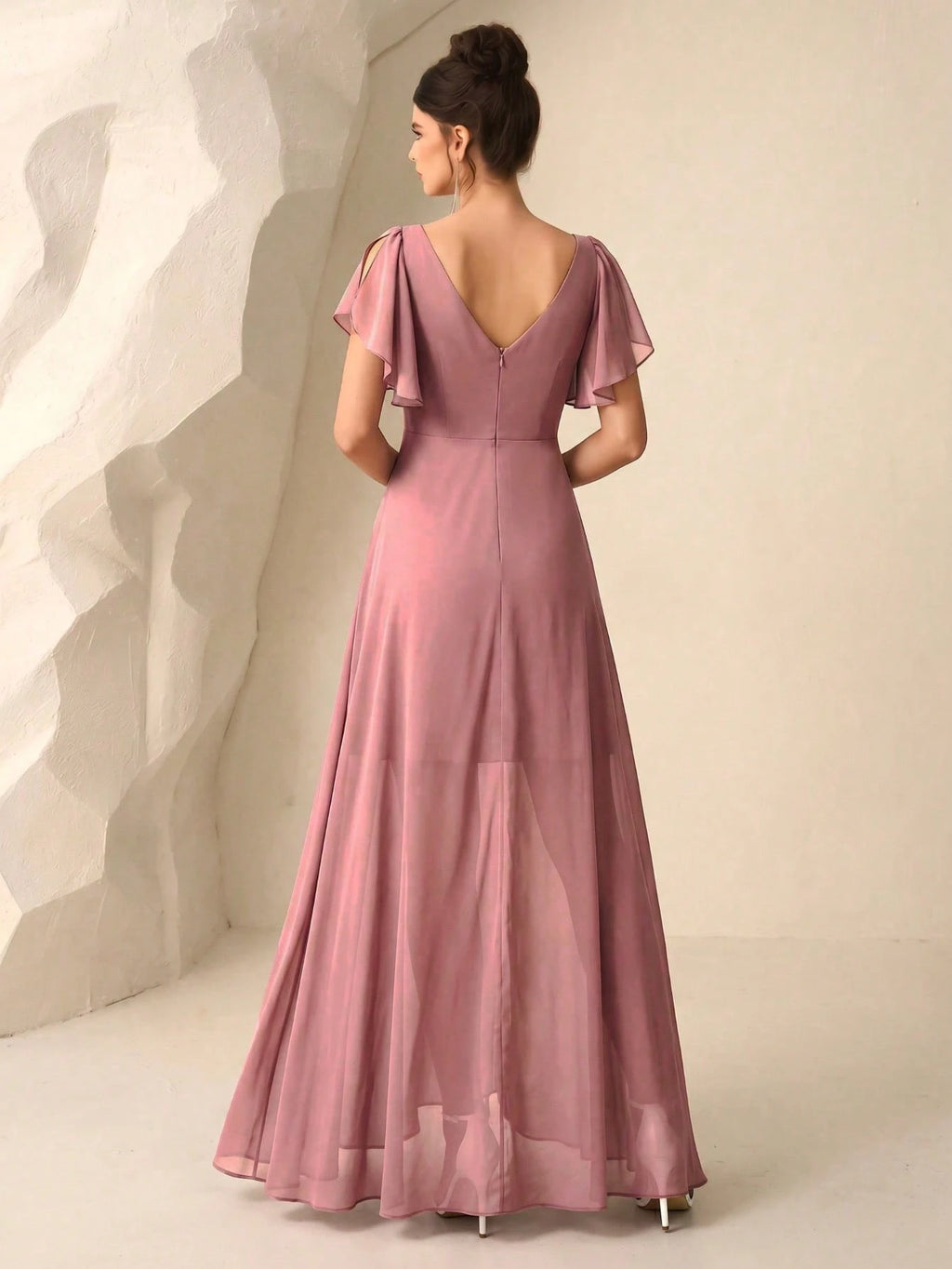 UNITHORSE Butterfly Sleeve Ruched Bust Ruffle Trim Wrap Hem Chiffon Bridesmaid Dress Elegant Dress Wedding - image 4