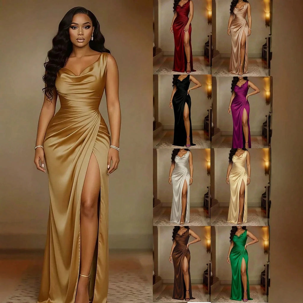 Solid Gloss Satin Maxi Gown Cowl Draped Neck Side Shirring High Slit