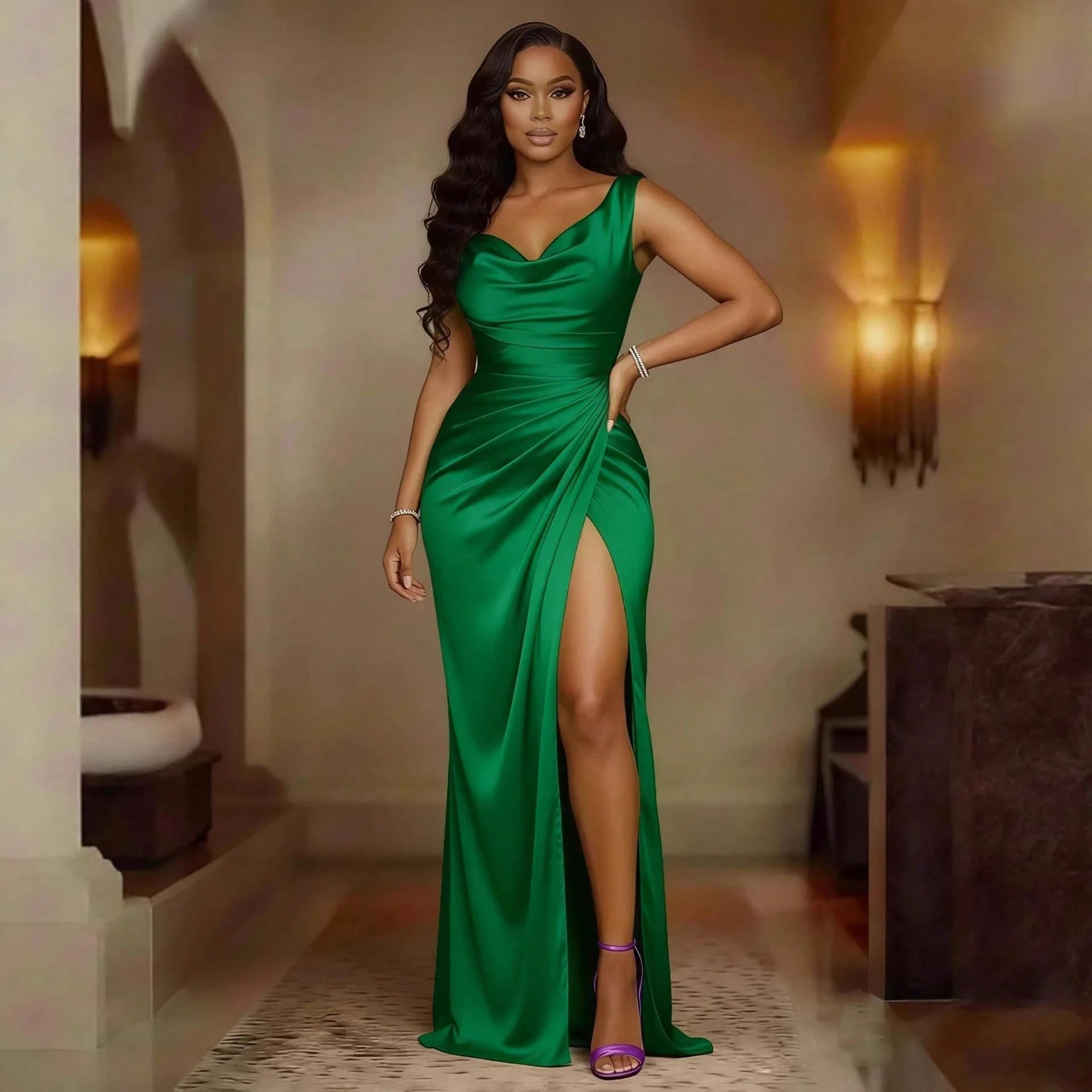 Solid Gloss Satin Maxi Gown Cowl Draped Neck Side Shirring High Slit