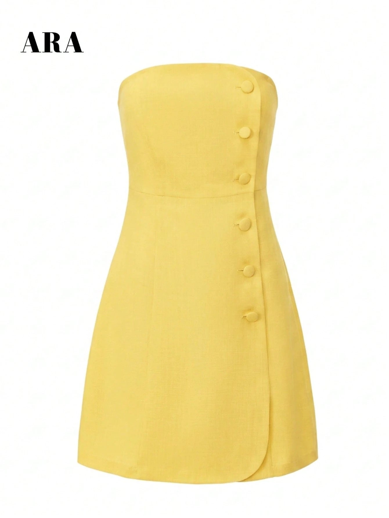 ARA CHIC Women's Pale Yellow Backless Strapless Bodycon Dress With Button Design, Fitted Bodycon Style, - image 7
