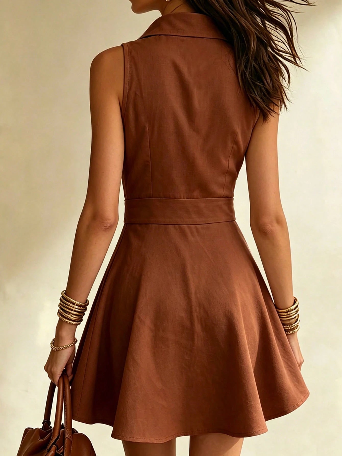 EMERY ROSE Women's Button Fashion Solid Color Ruffle Hem Dress