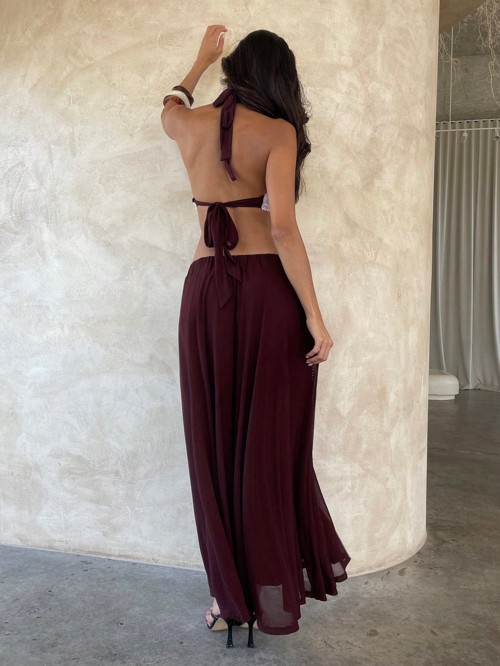 Aloruh White Mesh Knit Elegant Boho Vacation Sexy Halter Neck Dress