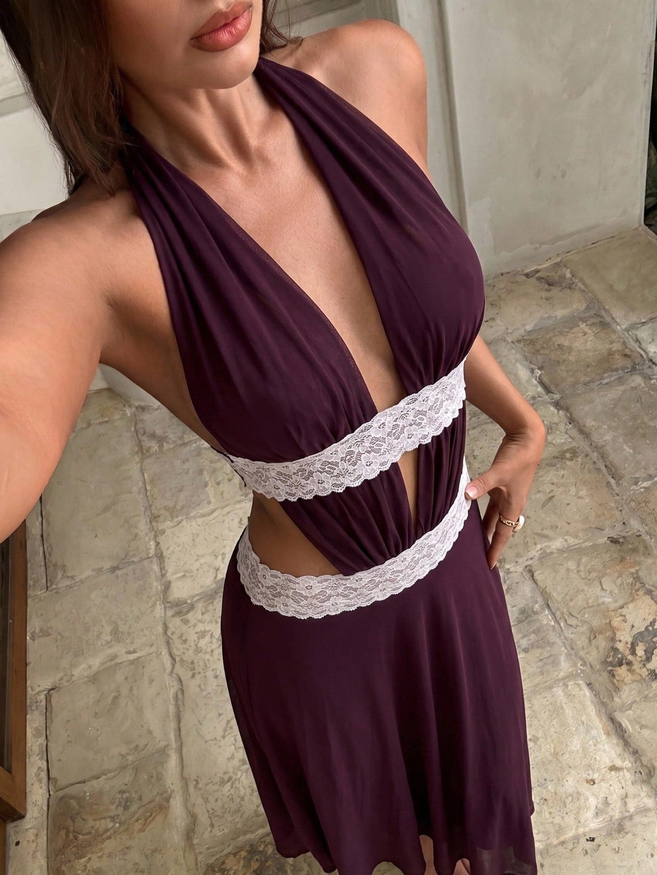 Aloruh White Mesh Knit Elegant Boho Vacation Sexy Halter Neck Dress