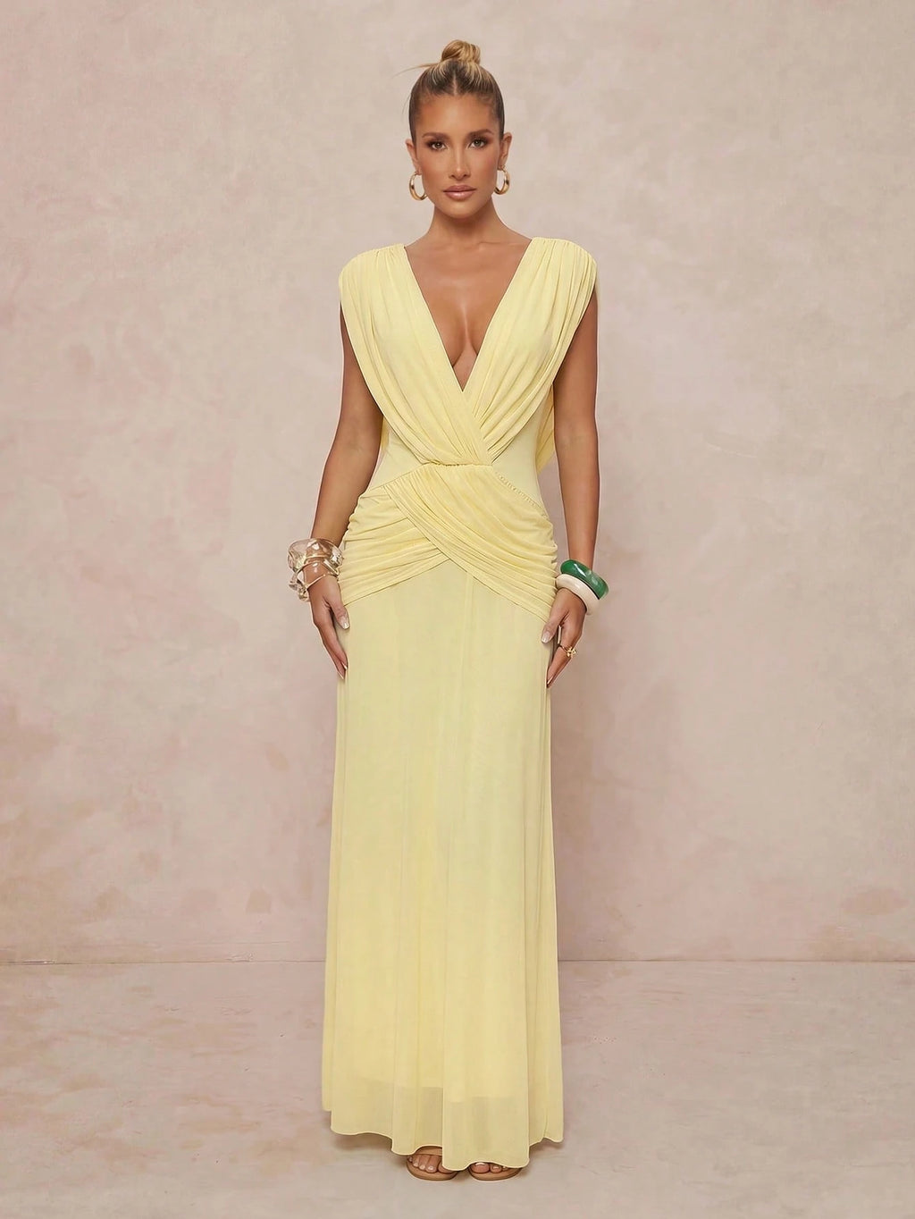 Lumalex Light Yellow Draped Mesh Maxi Dress In Light Yellow With Deep