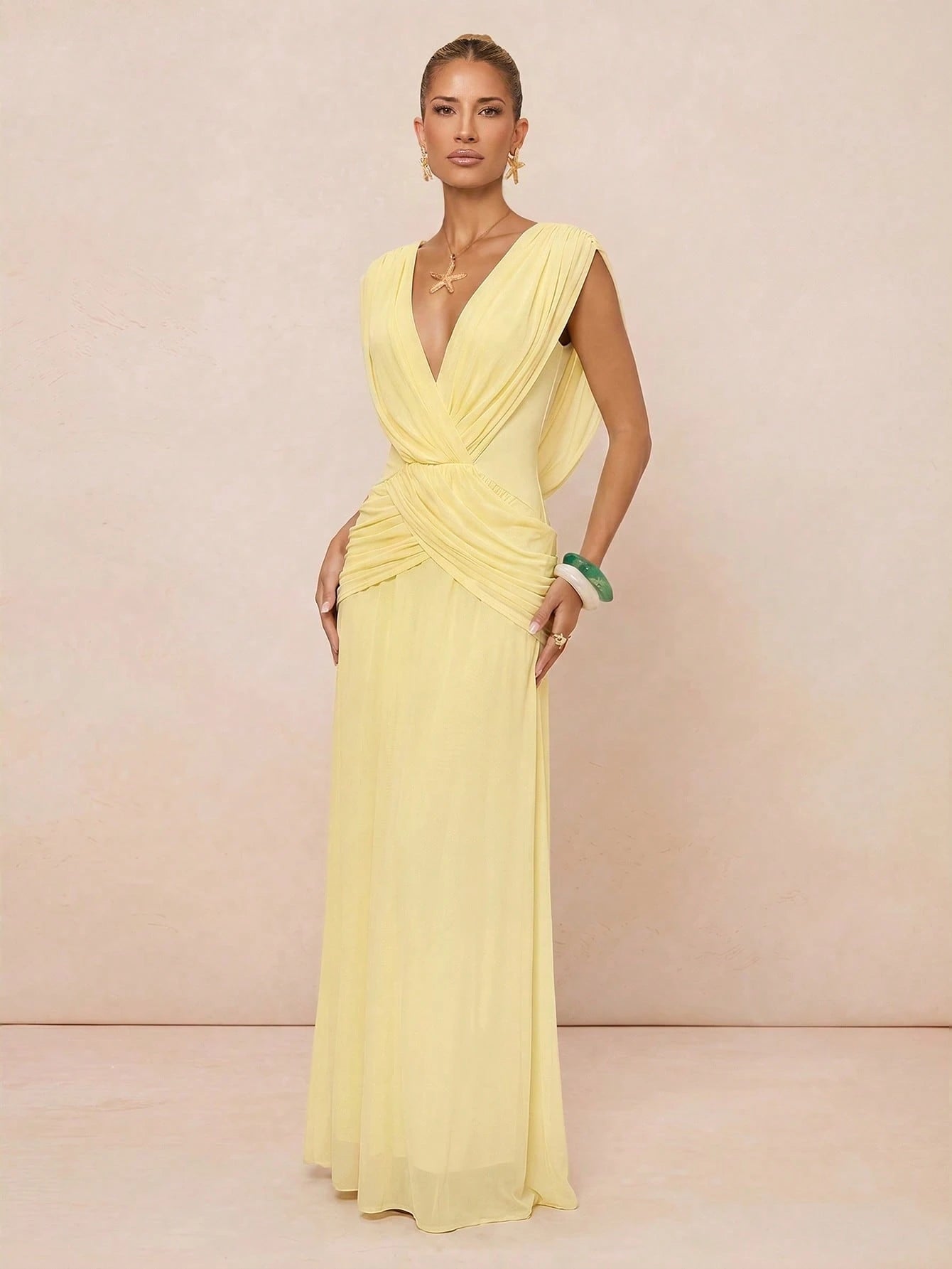 Lumalex Light Yellow Draped Mesh Maxi Dress In Light Yellow With Deep