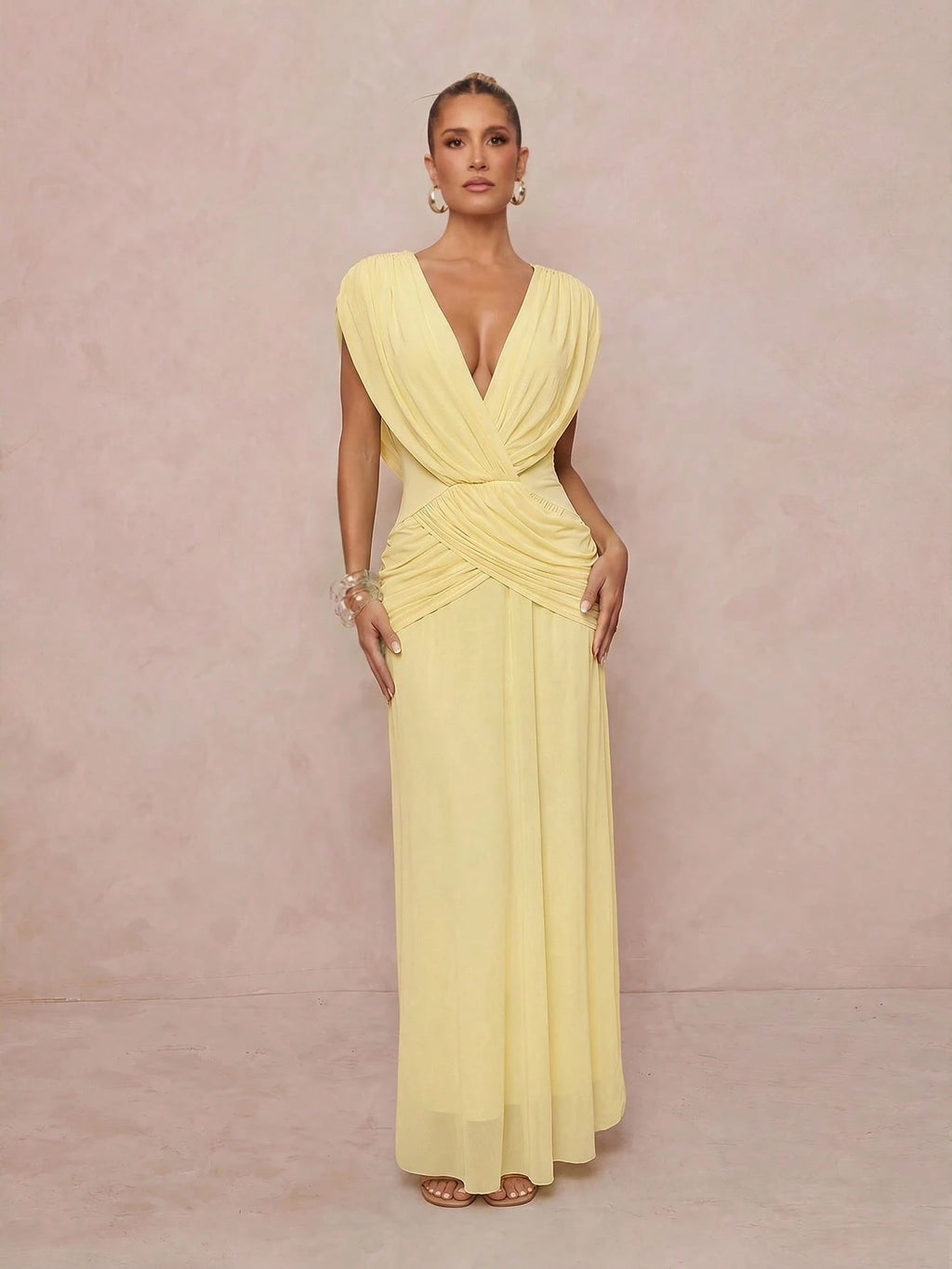 Lumalex Light Yellow Draped Mesh Maxi Dress In Light Yellow With Deep