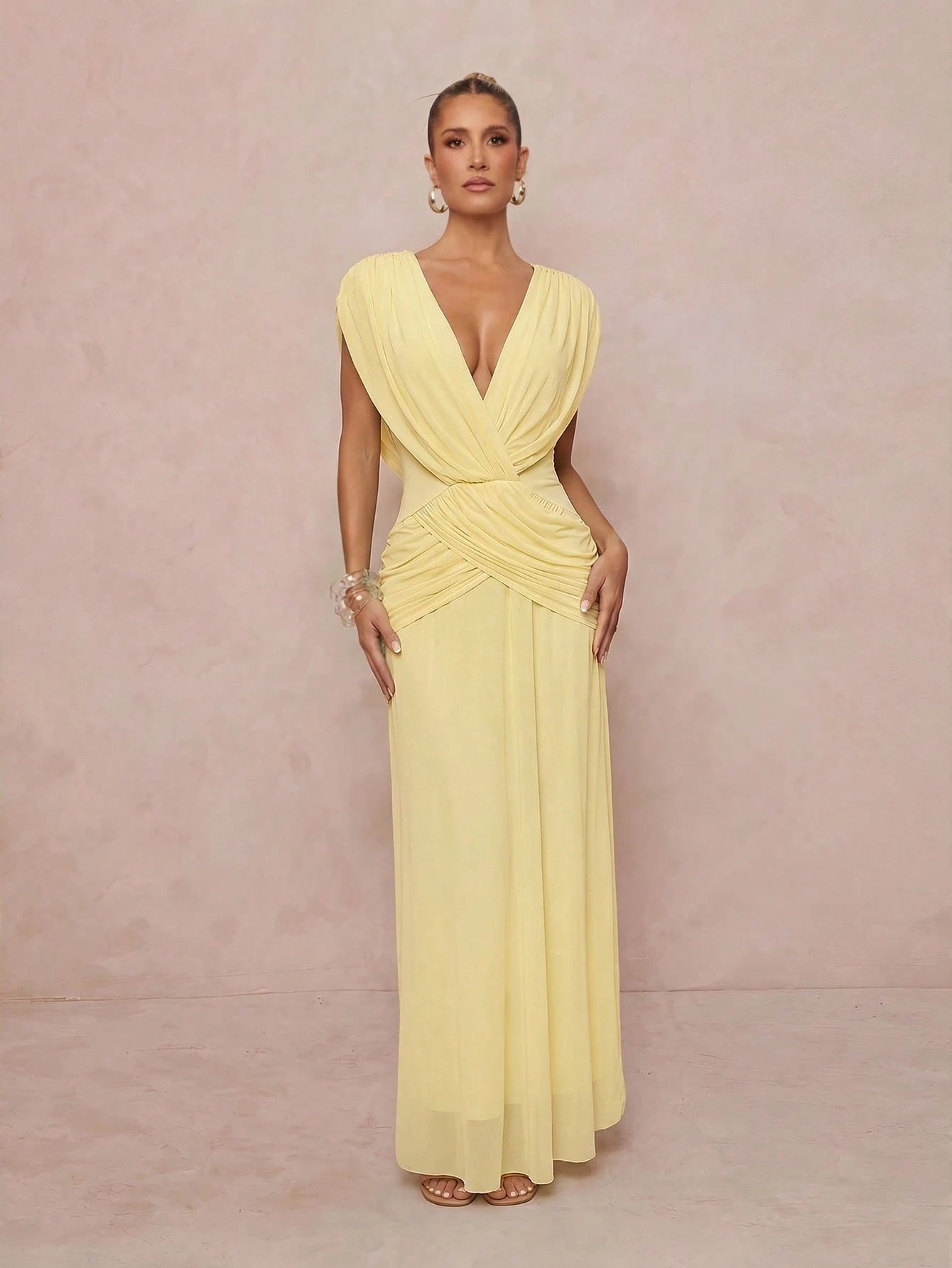 Lumalex Light Yellow Draped Mesh Maxi Dress In Light Yellow With Deep