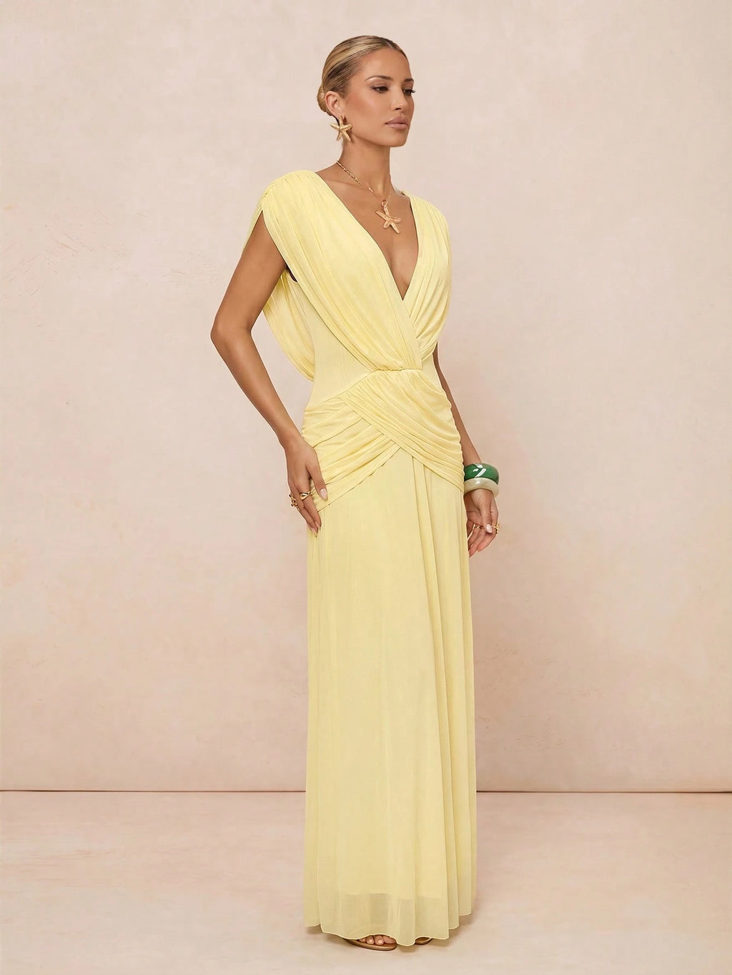 Lumalex Light Yellow Draped Mesh Maxi Dress In Light Yellow With Deep