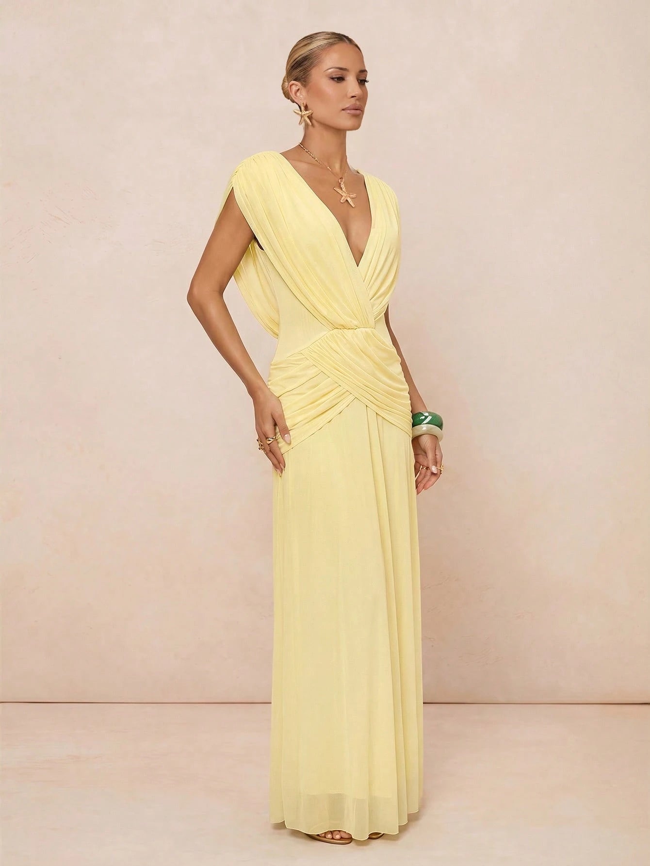 Lumalex Light Yellow Draped Mesh Maxi Dress In Light Yellow With Deep