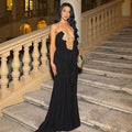Women's Sheer Mesh Long Dress Club Outfit Rhinestone Spaghetti Strap Cutout Bodycon See Through Evening Party